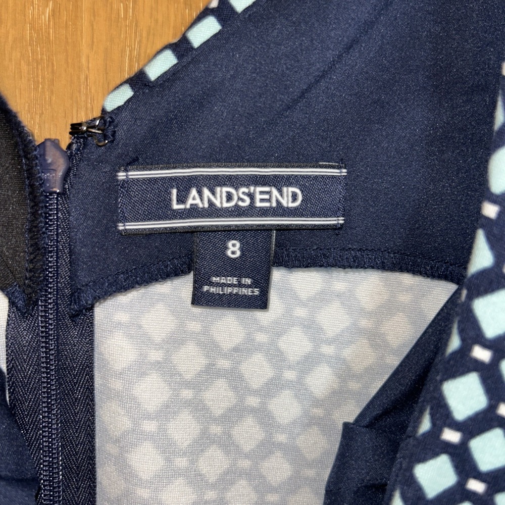 Lands' End cotton dress a-line Navy & Light Blue diamond pattern Size 8 - Picture 2 of 9